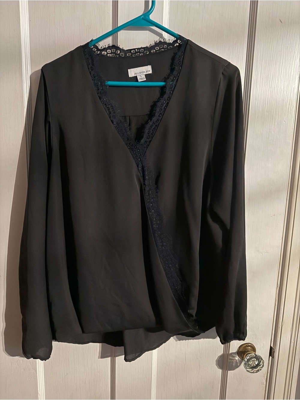 Allison Joy Black Lace-Trim Wrap Blouse